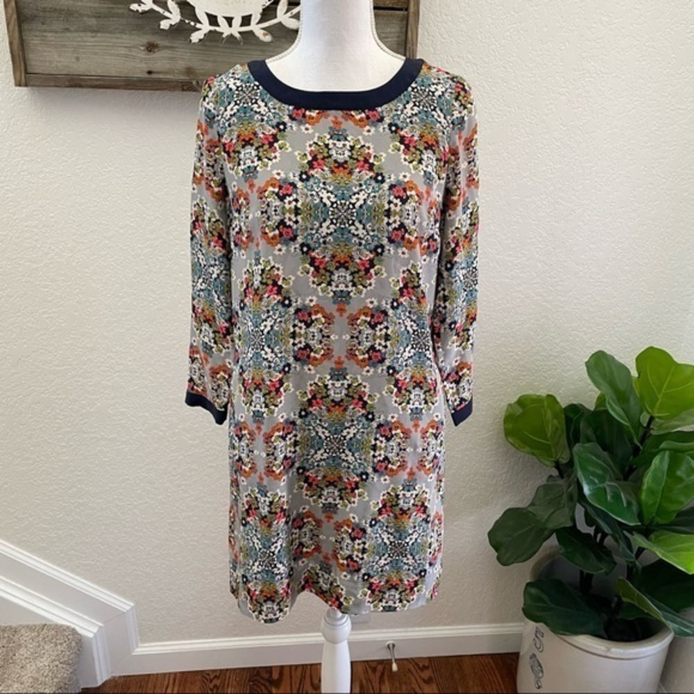 J Crew Misty Fog Floral 100% silk shift Dress Gray 07484 navy trim‎ size 2